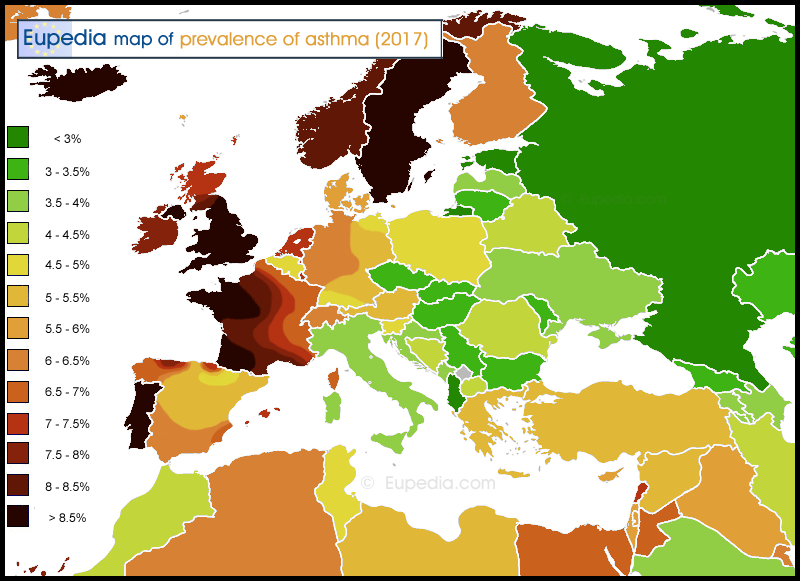 Map of asthma prevalence in and around Europe