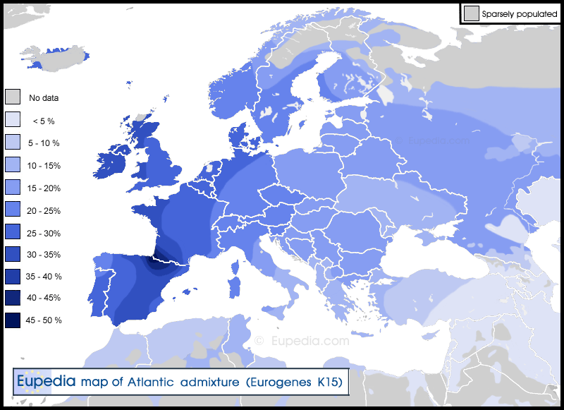 Distribution of the Atlantic admixture in and around Europe