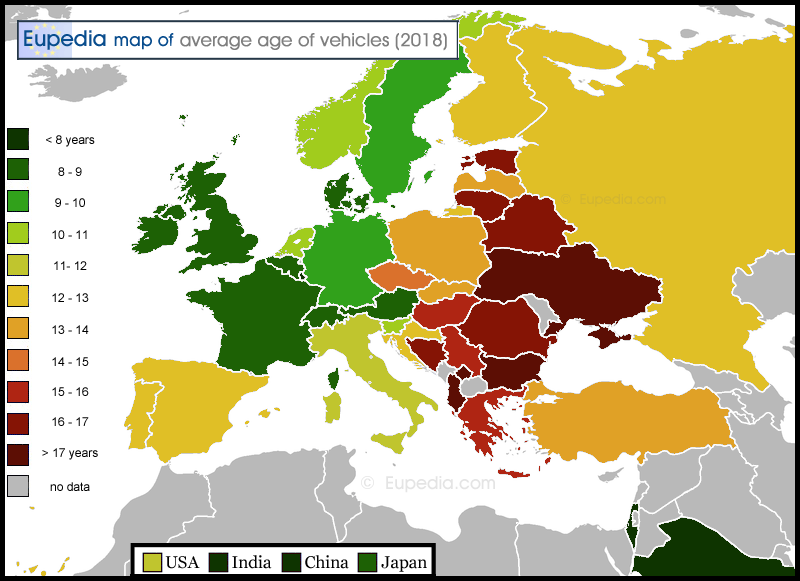 Carte de l'ge des voitures par pays en Europe
