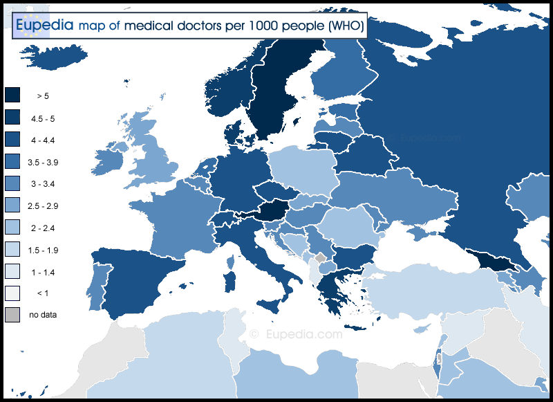 Map of physicians per 1000 inhabitants in and around Europe
