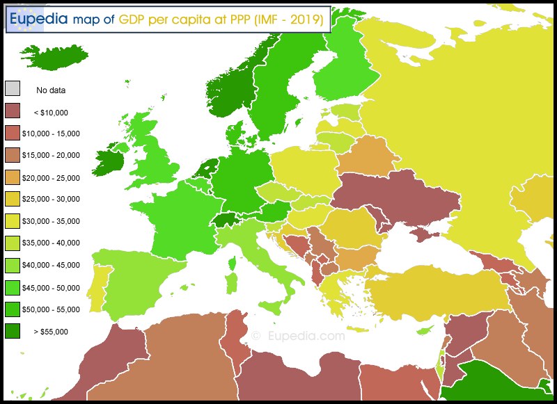 Map of GDP per capita at PPP by country in and around Europe