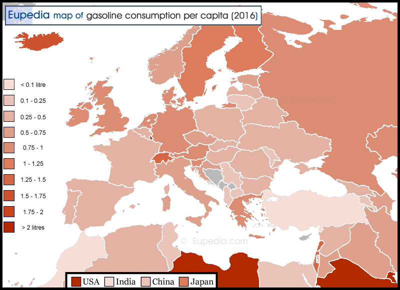 Carte de la consommation d'essence (essence) par habitant en litres en Europe et dans les environs