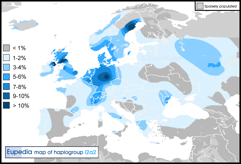 Distribution of haplogroup I2b in Europe