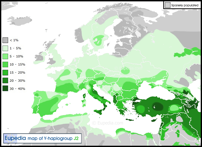 Rpartition gographique de l'haplogroupe J2 en Europe, en Afrique du nord et au Moyen-Orient