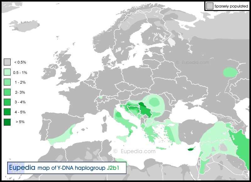 Mapa de distribucin de haplogrupo J2b1 (M205)