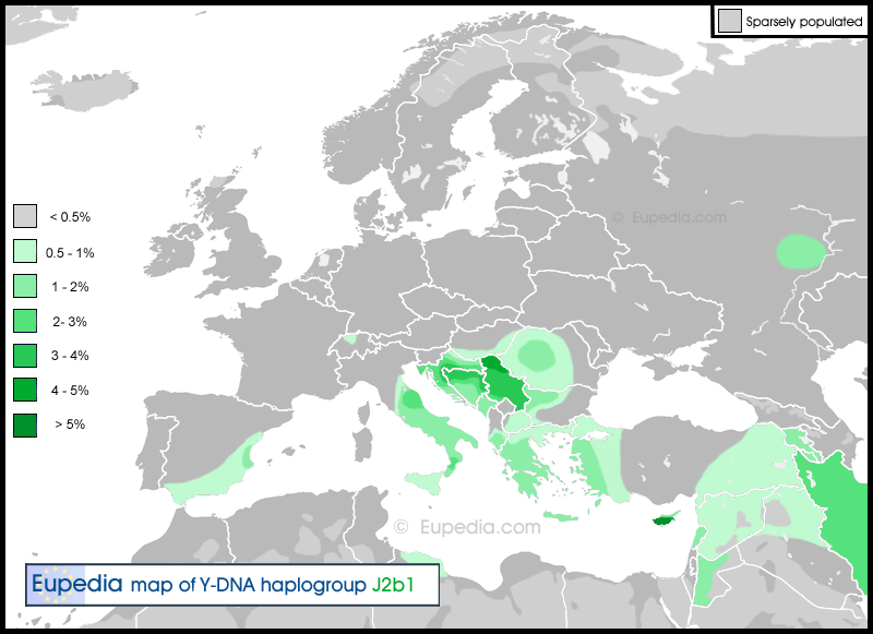 Mappa di distribuzione dell'aplogruppo J2b1 (M205)