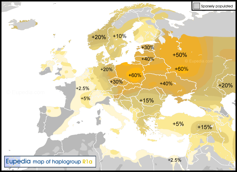 Distribution of haplogroup R1a in Europe