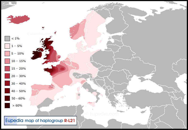 Distribution of haplogroup R1b-L21 (S145) in Europe