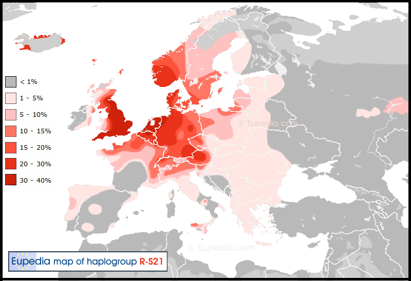 Mapa de distribucin de haplogrupo R1b-S21 (U106) in Europe