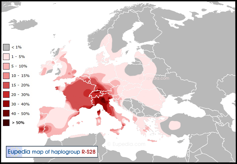 Carte de rpartition de l'haplogroupe R1b-S28 (U152) en Europe