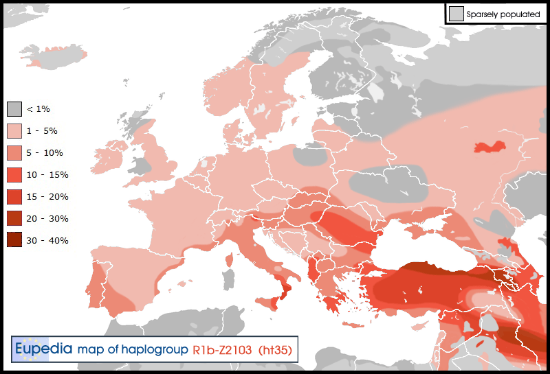 Distribuzione dellaplogruppo R1b-ht35 (L23, L11, L51 & Z2103) in Europa