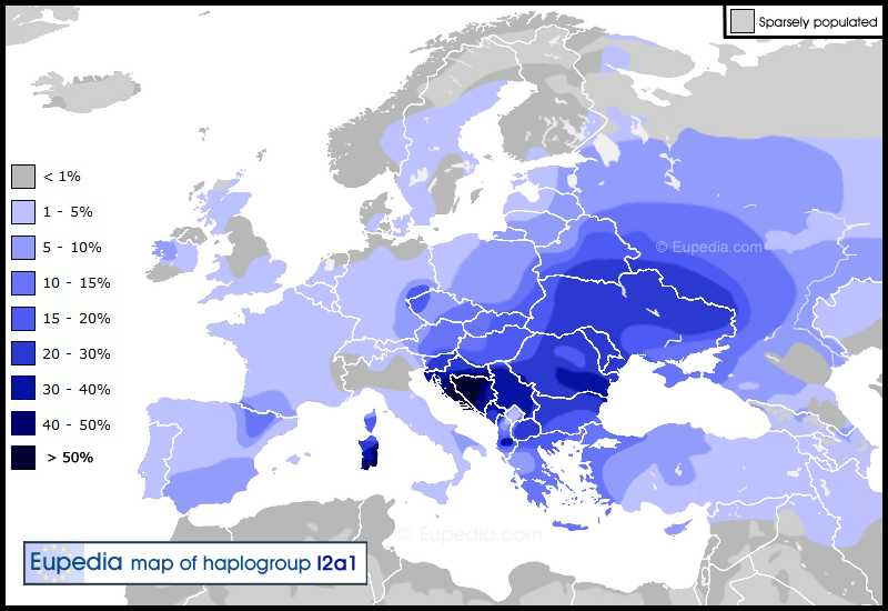 Distribution of haplogroup I2a in Europe