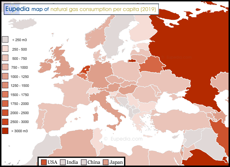 Carte de la consommation de gaz naturel par habitant en m3 en Europe et aux alentours