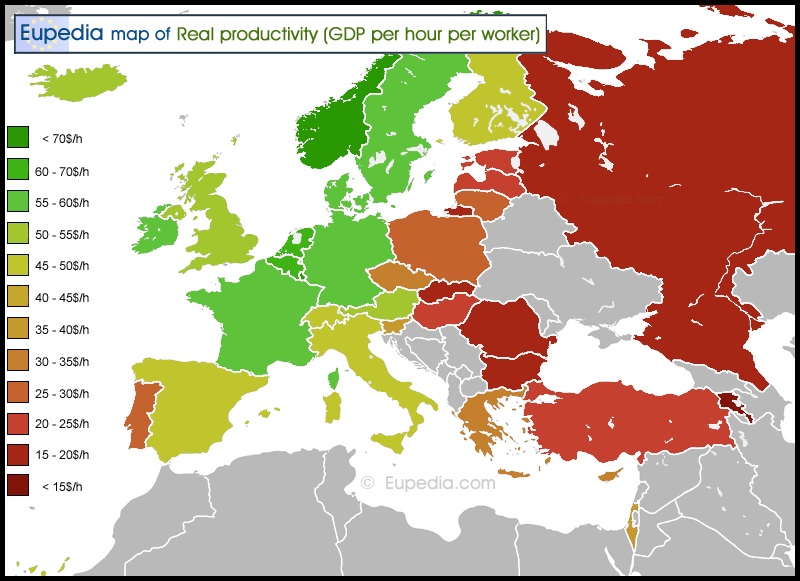 Map of real productivity by country in Europe