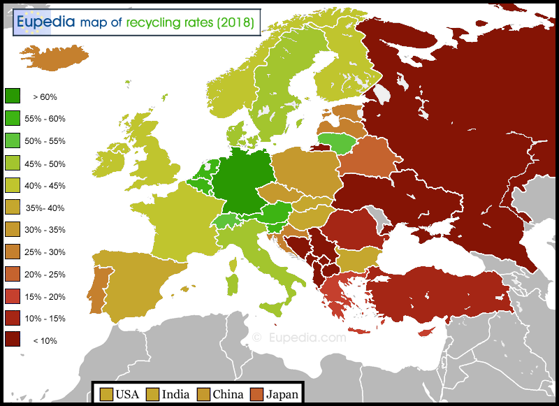 Map of recycling rates in Europe in 2018