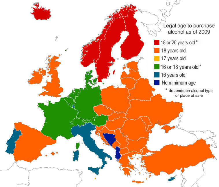 Kraje Europy według wieku dopuszczającego do sprzedaży alkoholu
