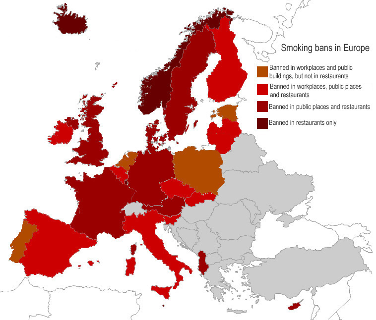 Map of smoking bans by country in Europe