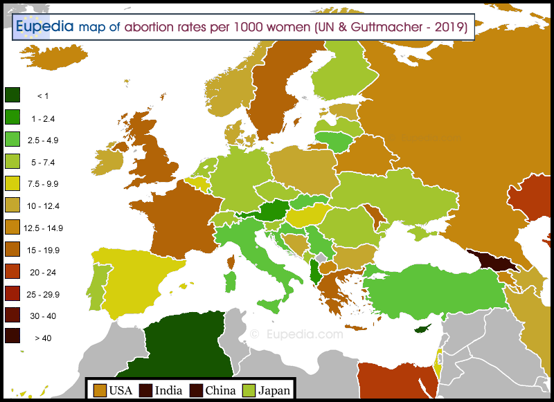 Map showing the abortion rates per 1,000 women in and around Europe