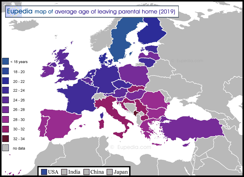 Map of average age for the leaving parental home in Europe