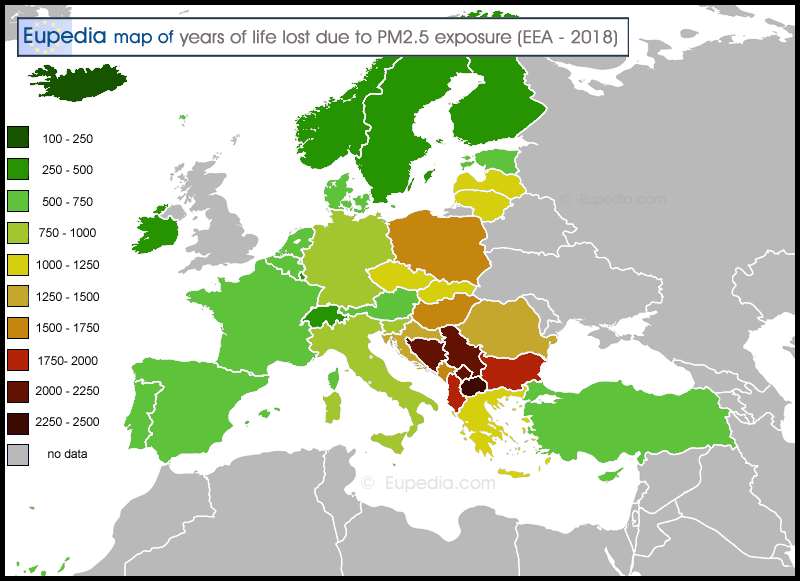 Map showing the years of life lost due to PM2.5 exposure in Europe