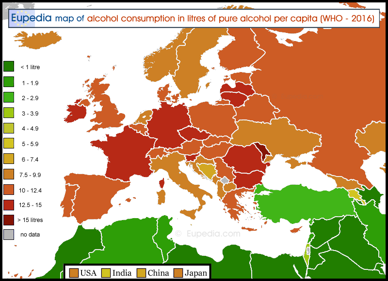 Map of alcohol consumption per capita per year in and around Europe