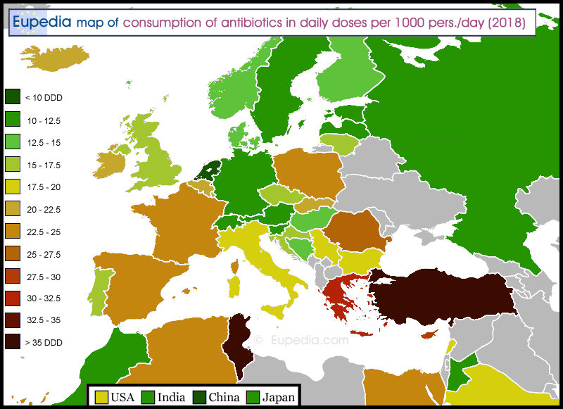 Map of total consumption of antibiotics in defined daily doses per 1000 person per day in and around Europe