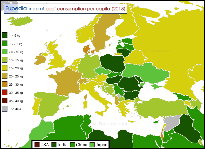 Carte de la consommation de buf par habitant en Europe et aux alentours