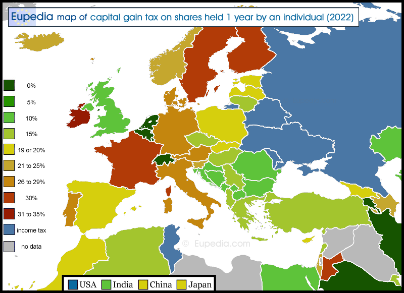 Map showing the capital gain tax rate on shares for individuals in and around Europe