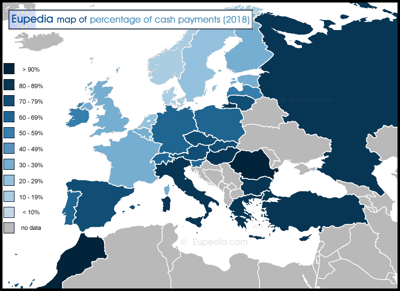 Map showing the proportion of cash payments by country in Europe