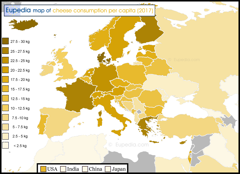 Map of cheese consumption per capita per year in and around Europe
