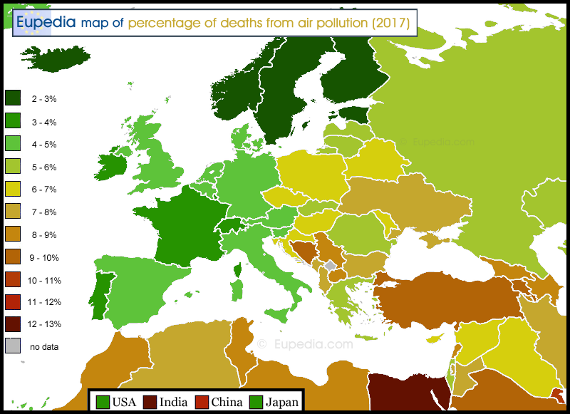 Carte montrant le pourcentage de dcs dus  la pollution de l'air en Europe et aux alentours