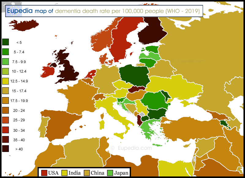 Map of dementia & Alzheimer's disease death rate per 100,000 people in and around Europe