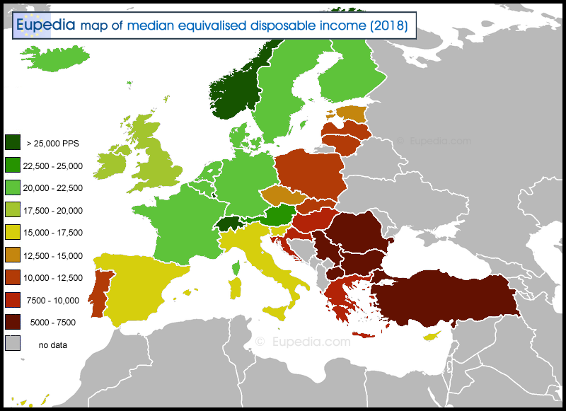 Map of median equivalised disposable income in Europe