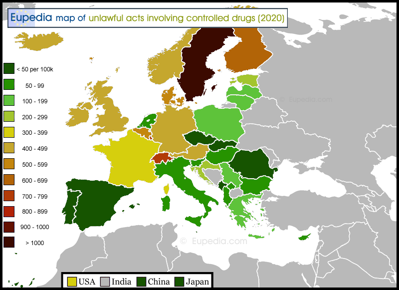 Map of drug-related offences in and around Europe