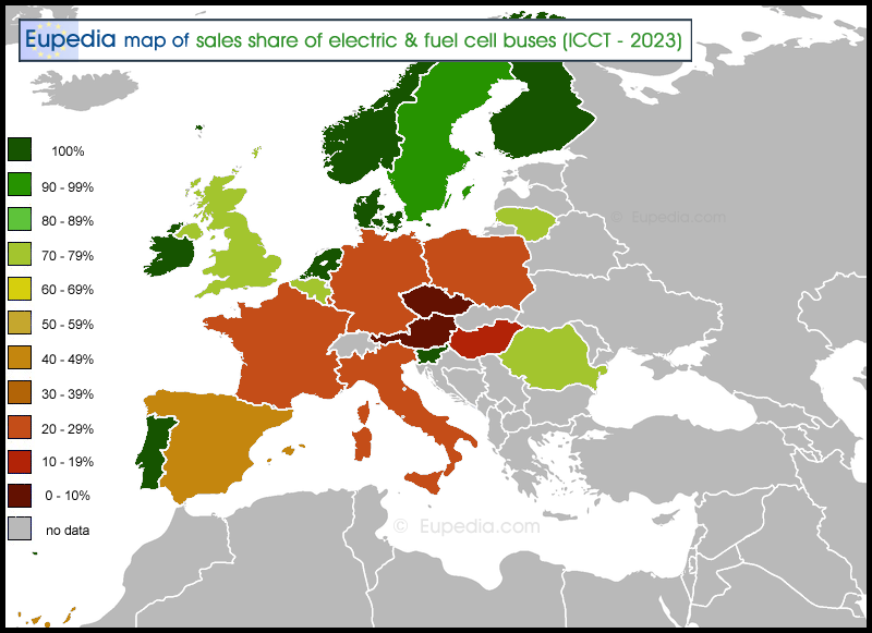 Map showing the sales share of electric & alternative fuel buses in 2023 in Europe