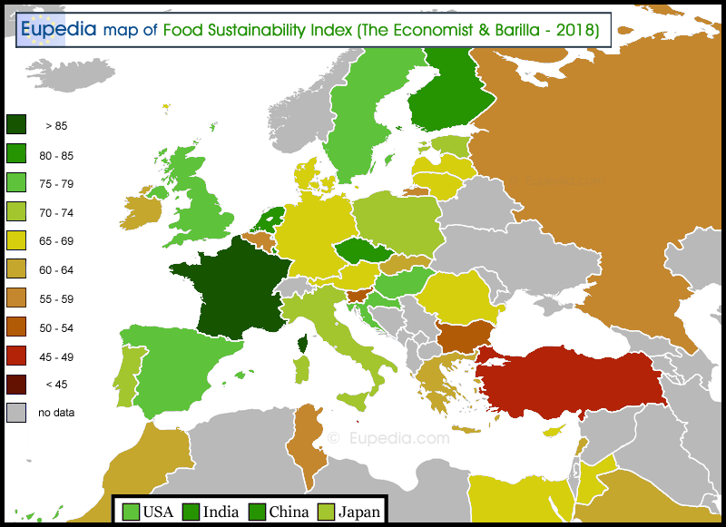 Map of Food Sustainability Index in and around Europe (2018)
