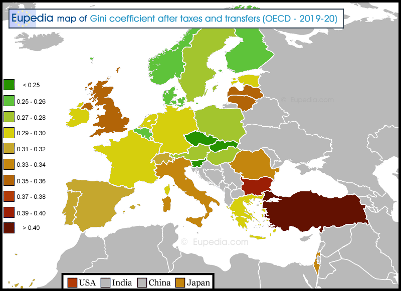 Map of income inequality (Gini coefficient) after taxes and transfers in and around Europe