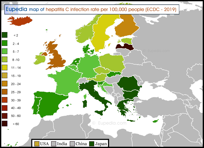 Map of hepatitis C infection rate per 100,000 people by country in Europe