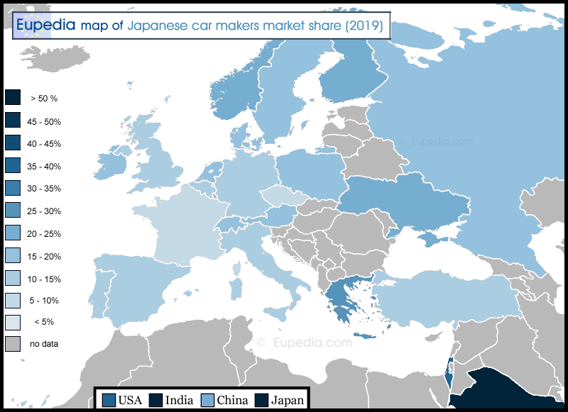 Map showing the percentage of Japanese cars sold in 2019 in and around Europe