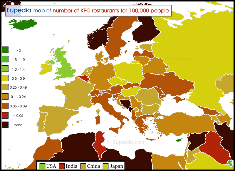 Map of the number of KFC restaurants per 100,000 inhabitants in and around Europe