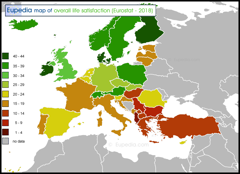 Map of life satisfaction by country in Europe