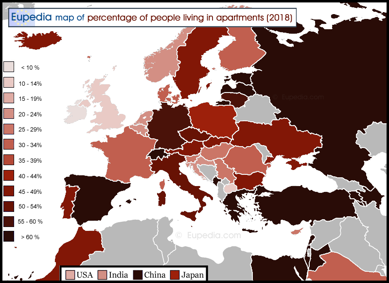 Map showing the percentage of households living in apartments by country in and around Europe