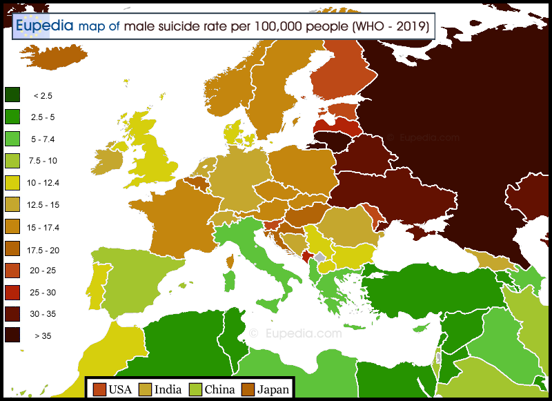 Map of male suicide rate per 100,000 people in and around Europe