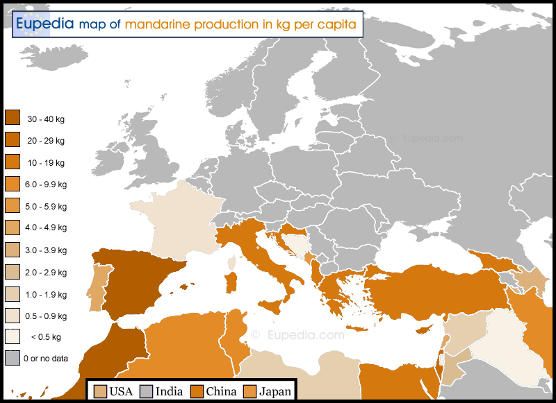 Map of mandarine production in kg per capita in and around Europe