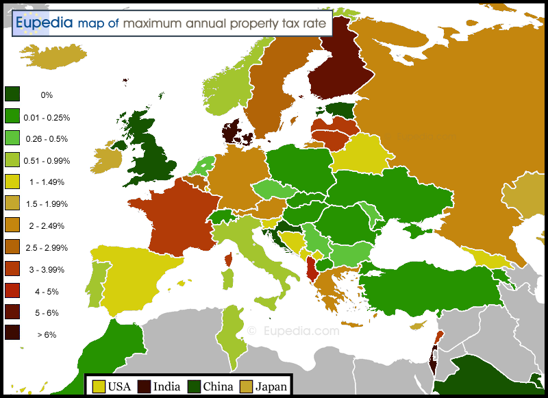 Map of maximum annual property tax rate in and around Europe
