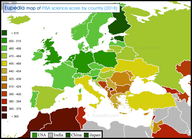 Map of average PISA score by country for science (2018) in and around Europe