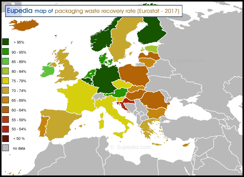 Carte des taux de valorisation des dchets d'emballages en Europe