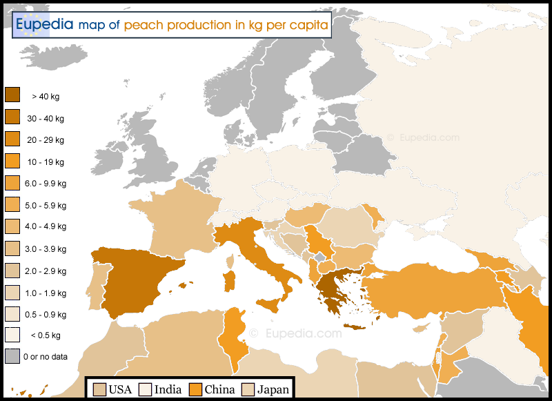 Map of peach & nectarine production in kg per capita in and around Europe