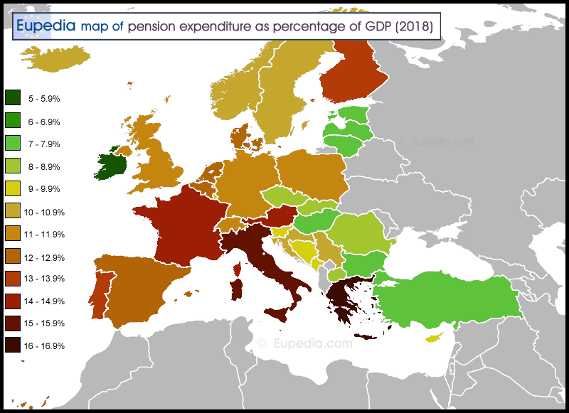 Map of pension spending as percentage of GDP Europe in 2018