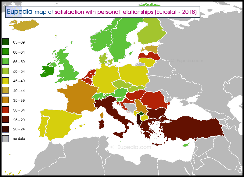 Map of satisfaction with personal relationships in Europe
